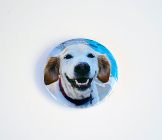 Custom 2-inch circle photo magnet – sample dog design on white background