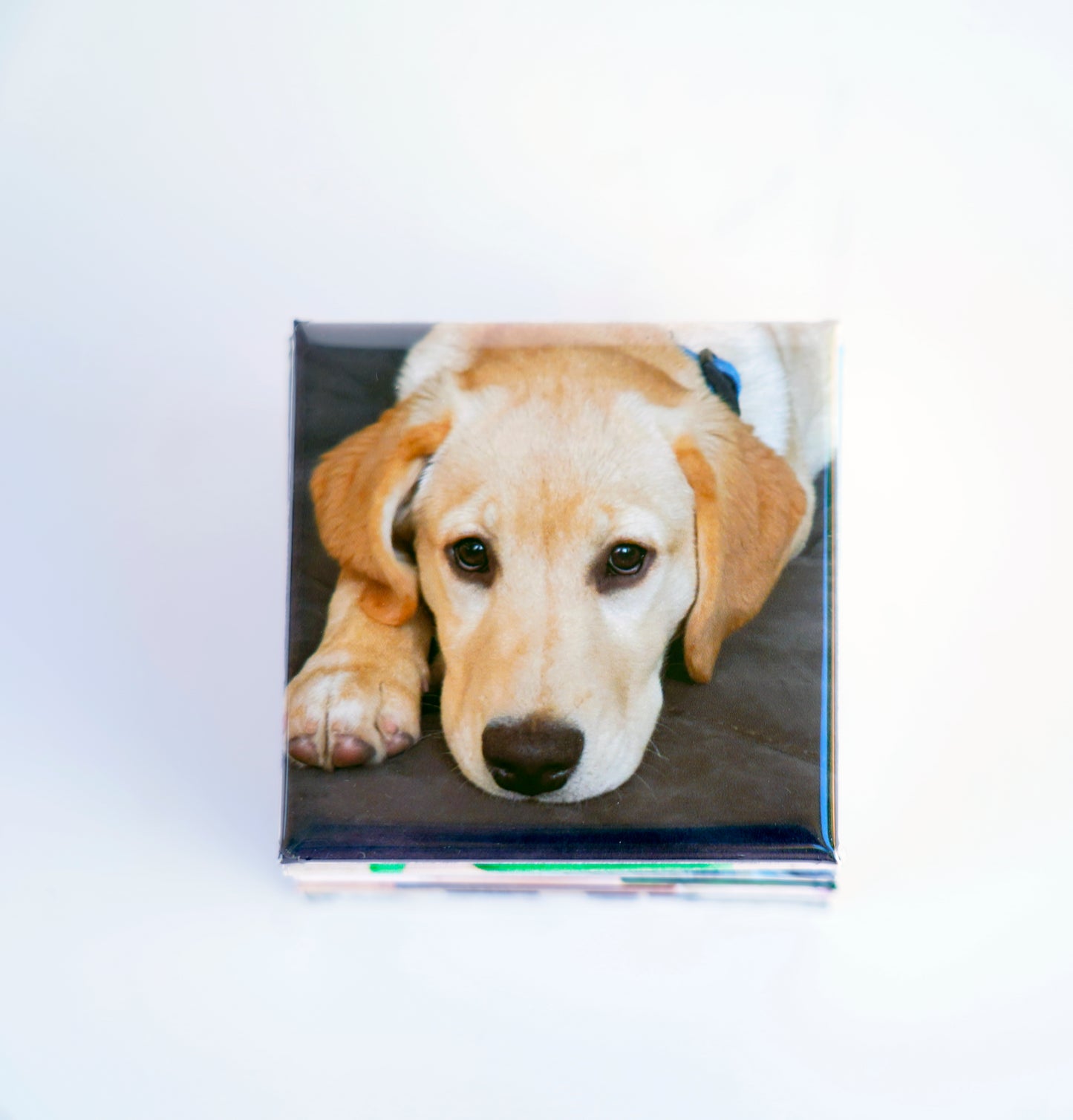 Close-up of 2x2 square photo magnet – high-quality print finish