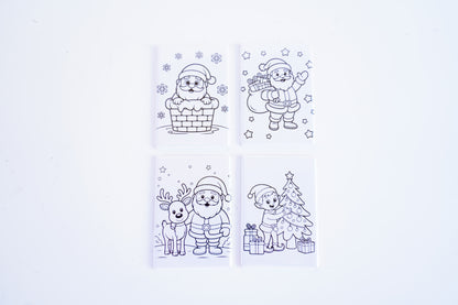 Set of Christmas-themed coloring pages with characters and decorations on a white background.