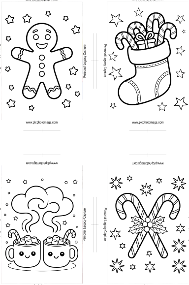 Four Christmas-themed coloring pages featuring a gingerbread man, candy cane stocking, hot chocolate mugs, and candy canes with stars.