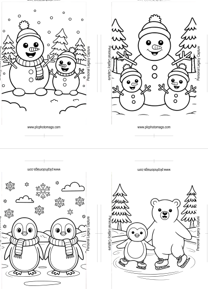 Set of four winter-themed coloring pages featuring snowmen, penguins, and a bear.
