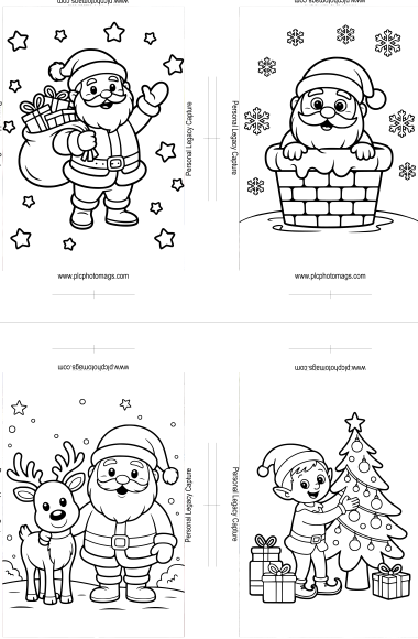 Set of four Christmas-themed coloring pages featuring Santa Claus, reindeer, and other holiday characters.