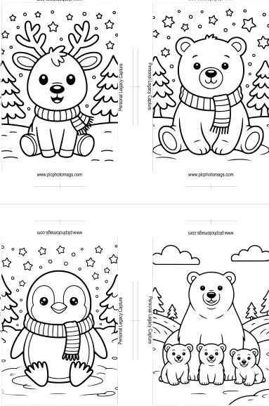 Four winter-themed coloring pages featuring a reindeer, bear, penguin, and family of bears.